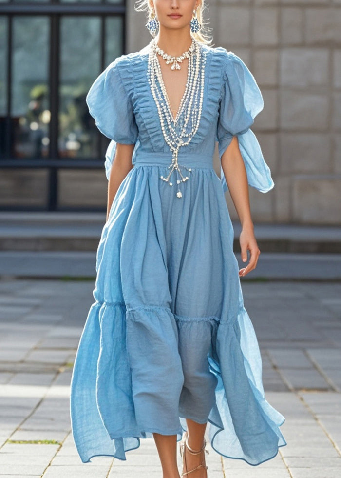 Chic Sky Blue Puff Sleeve Nail Bead Cotton Long Dress