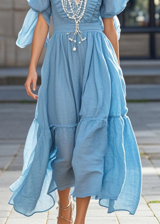 Chic Sky Blue Puff Sleeve Nail Bead Cotton Long Dress