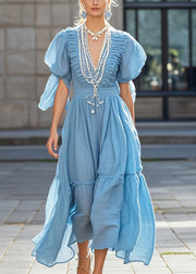 Chic Sky Blue Puff Sleeve Nail Bead Cotton Long Dress