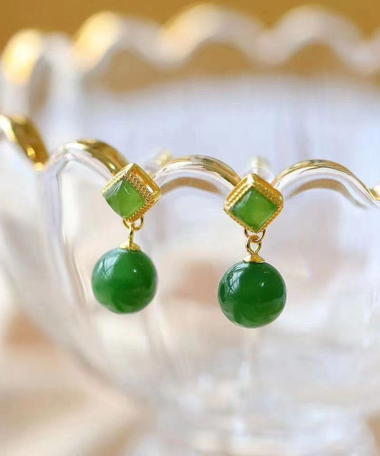 Chic Spinach Green Sterling Silver Overgild Jade Drop Earrings