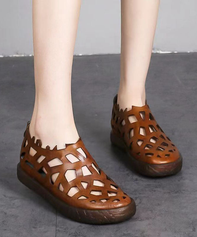 Chic Splicing Hollow Out Flat Sandals Brown Cowhide Leather