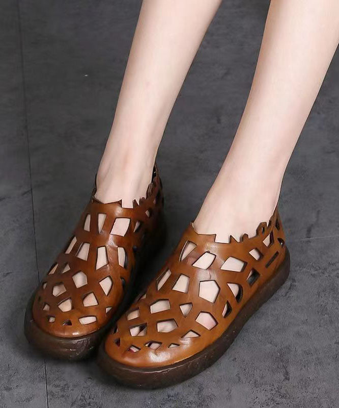 Chic Splicing Hollow Out Flat Sandals Brown Cowhide Leather