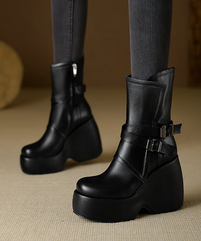 Chic Splicing Wedge Boots Black Cowhide Leather