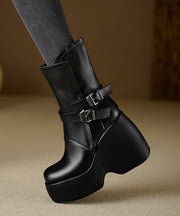 Chic Splicing Wedge Boots Black Cowhide Leather