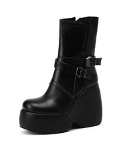 Chic Splicing Wedge Boots Black Cowhide Leather