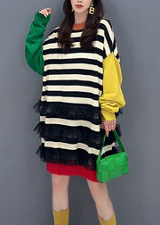 Chic Striped O Neck Tulle Patchwork Cotton Knit Mid Dress Fall