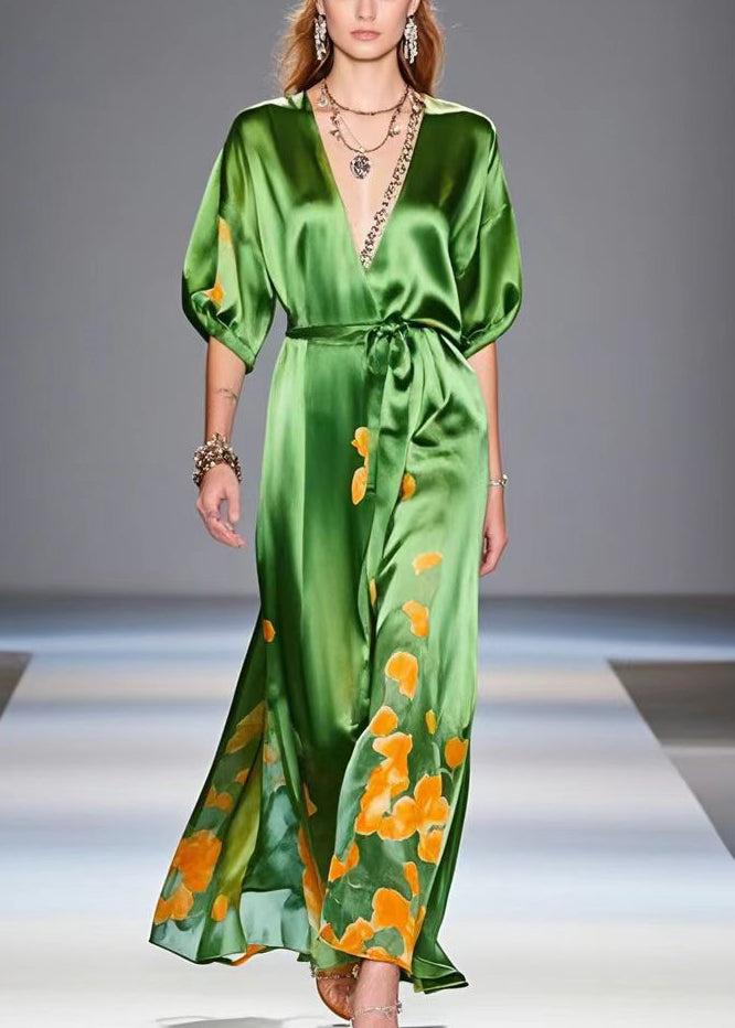 Chic Tea Green Cinched Print Silk Party Dress Summer