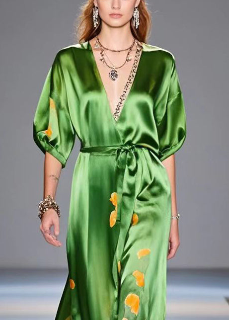 Chic Tea Green Cinched Print Silk Party Dress Summer