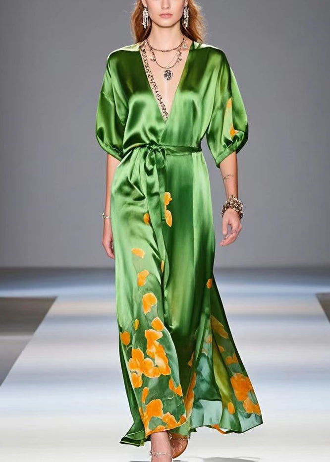 Chic Tea Green Cinched Print Silk Party Dress Summer