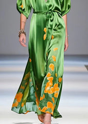 Chic Tea Green Cinched Print Silk Party Dress Summer