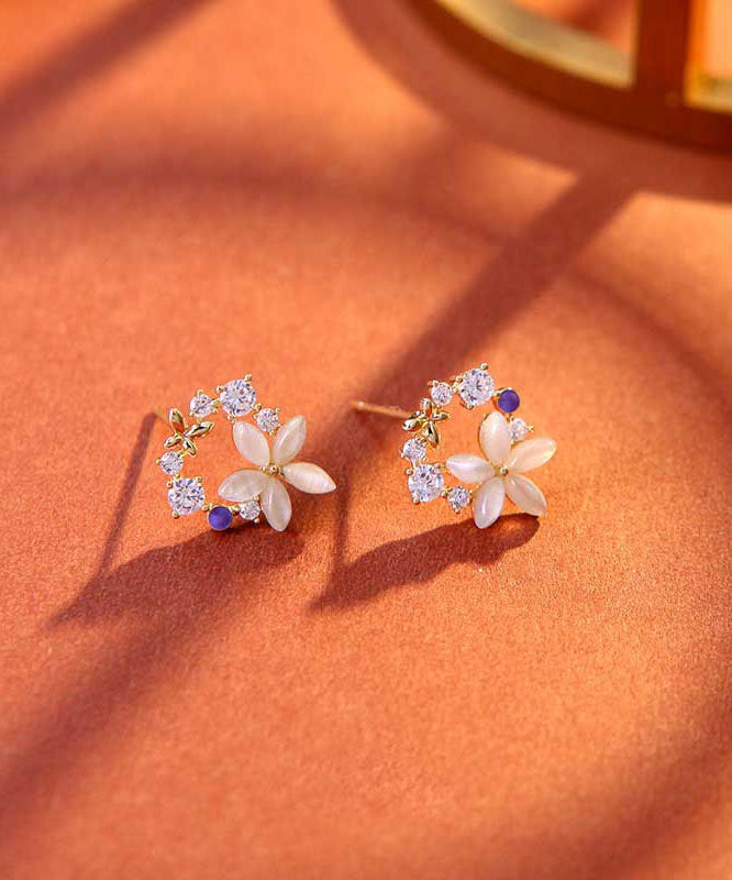 Chic Unique Gold Sterling Silver Alloy Zircon Floral Stud Earrings