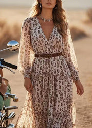 Chic V Neck Print Chiffon Maxi Dress Spring