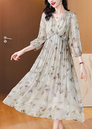 Chic V Neck Print Lace Up Chiffon Long Dress Lantern Sleeve