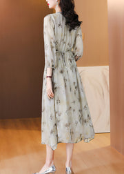 Chic V Neck Print Lace Up Chiffon Long Dress Lantern Sleeve