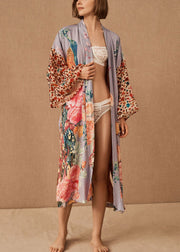 Chic V Neck Print Side Open Tie Waist Maxi Beach Cardigans Long Sleeve