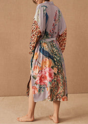 Chic V Neck Print Side Open Tie Waist Maxi Beach Cardigans Long Sleeve