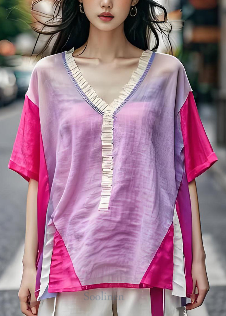 Chic V Neck Ruffled Patchwork Cotton Blouse Top Summer