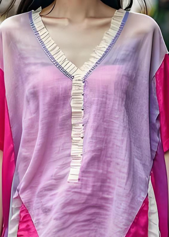 Chic V Neck Ruffled Patchwork Cotton Blouse Top Summer