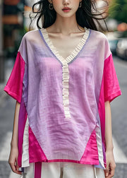 Chic V Neck Ruffled Patchwork Cotton Blouse Top Summer