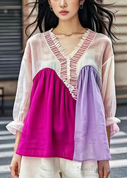 Chic V Neck Ruffled Patchwork Cotton Shirt Butterfly Sleeve