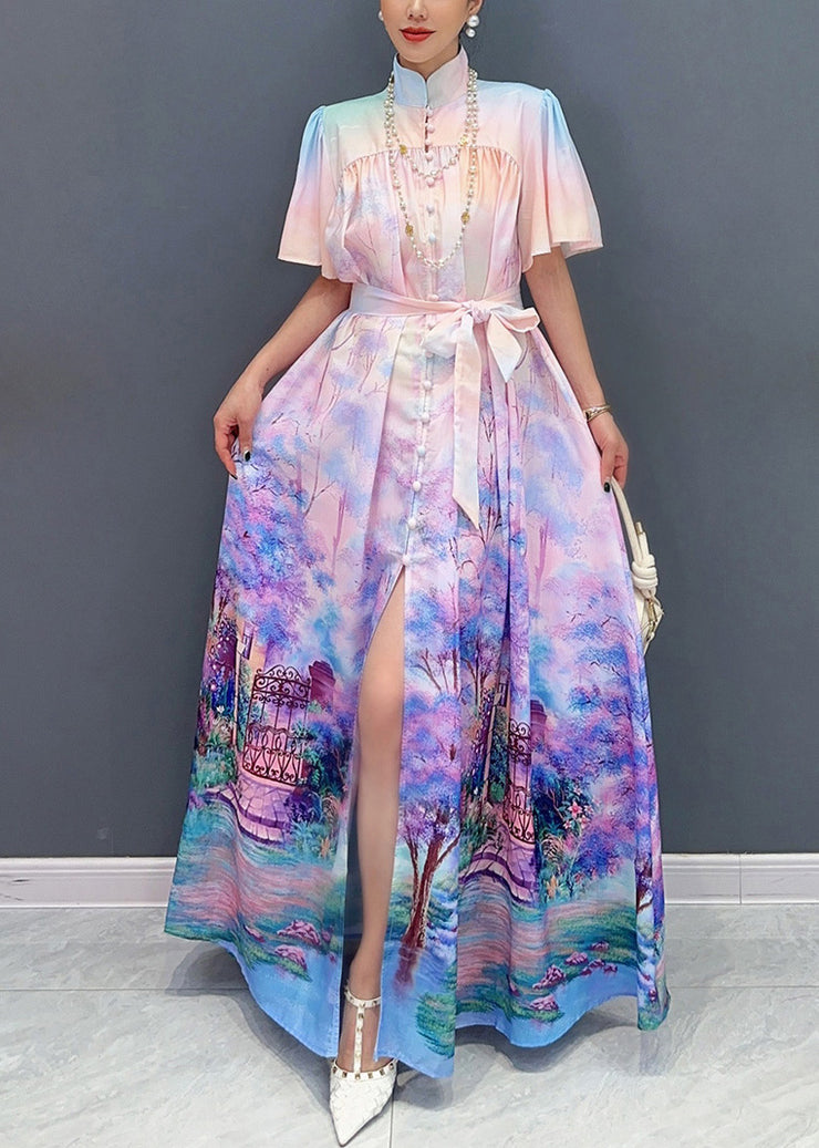 Chic Violet Print Tie Waist Cotton Shirts Long Dresses Summer