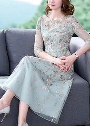 Chic Water Blue O-Neck Embroidered Floral Tunic Organza Long Dress Half Sleeve