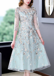 Chic Water Blue O-Neck Embroidered Floral Tunic Organza Long Dress Half Sleeve