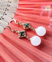 Chic White 14K Gold Inlaid Gem Stone Jade Zircon Drop Earrings