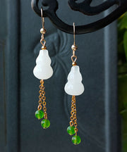 Chic White 14K Gold Jade Gourd Gem Stone Tassel Drop Earrings