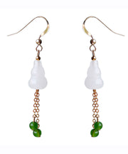 Chic White 14K Gold Jade Gourd Gem Stone Tassel Drop Earrings