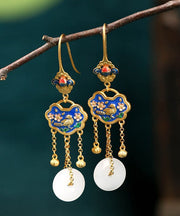 Chic White Ancient Gold Jade Ping Buckle Birds Floral Drop Earrings