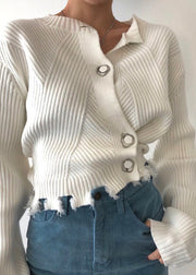 Chic White Asymmetrical Button Patchwork Knit Sweaters Fall