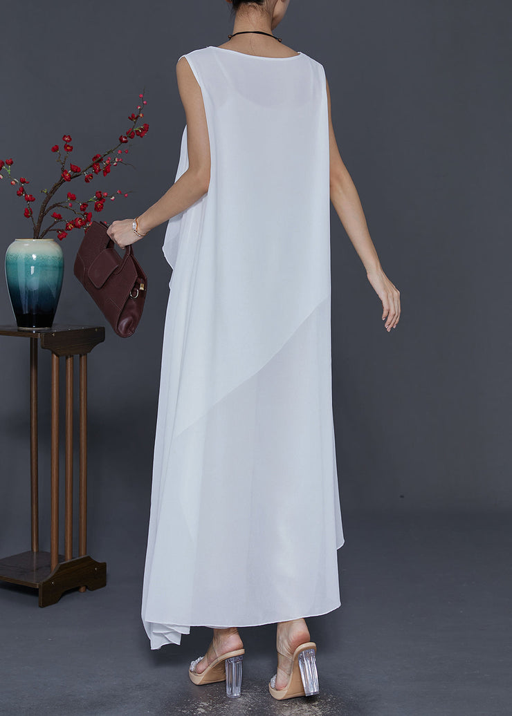 Chic White Asymmetrical Design Draping Chiffon Dresses Summer