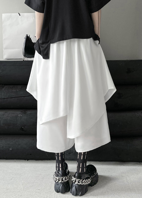 Chic White Asymmetrical Elastic Waist Patchwork Cotton Pants Skirt Fall