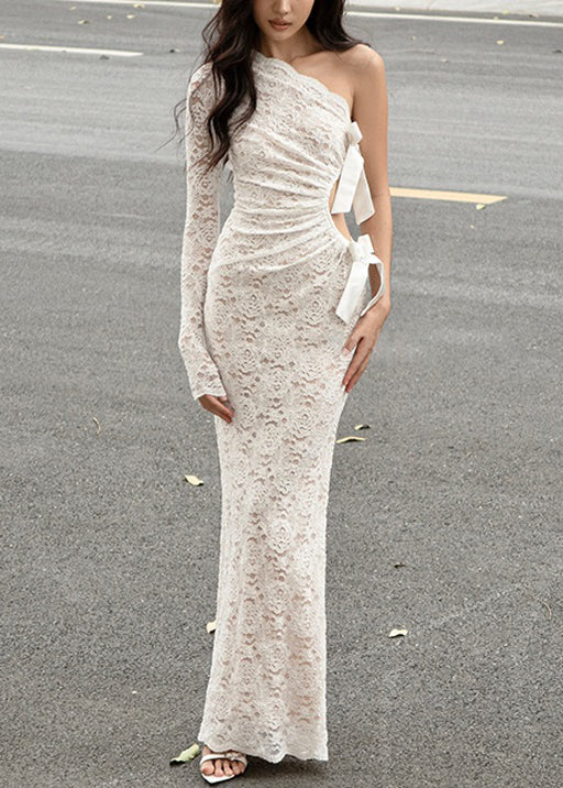 Chic White Asymmetrical Hollow Out Lace Maxi Dress Spring