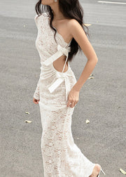 Chic White Asymmetrical Hollow Out Lace Maxi Dress Spring