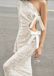 Chic White Asymmetrical Hollow Out Lace Maxi Dress Spring