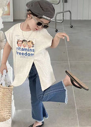 Chic White Asymmetrical Patchwork Girls T Shirts And Denim Pants Two Piece Set Short Sleeve