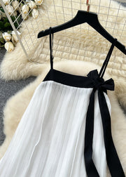 Chic White Bow Patchwork Chiffon Pleated Cami Dress Summer