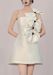 Chic White Bow Solid Silk Mid Dress Sleeveless