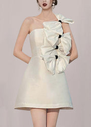 Chic White Bow Solid Silk Mid Dress Sleeveless