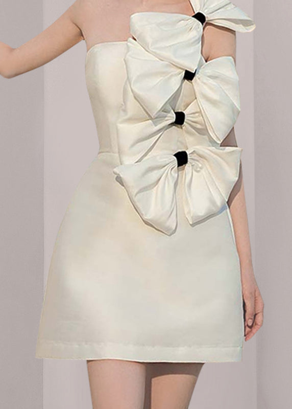 Chic White Bow Solid Silk Mid Dress Sleeveless