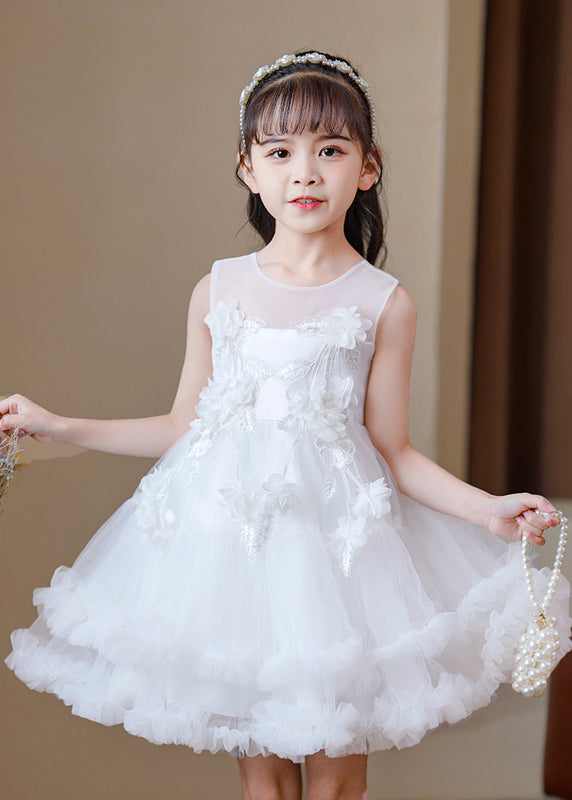 Chic White Butterfly Embroideried Tulle Girls Mid Dress Summer