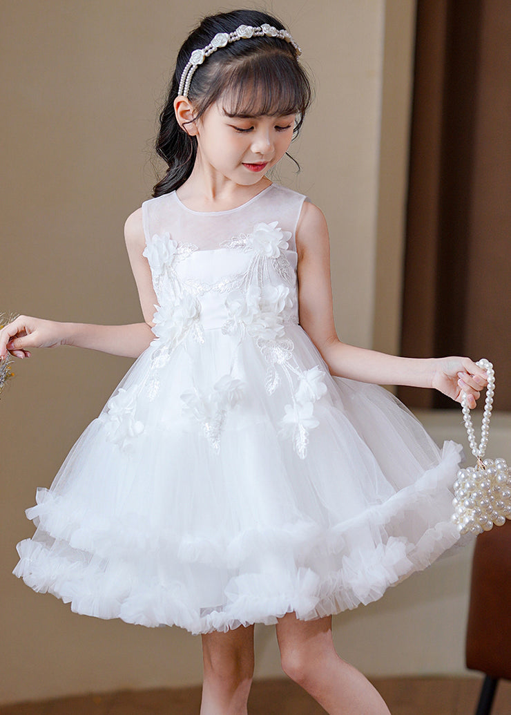 Chic White Butterfly Embroideried Tulle Girls Mid Dress Summer