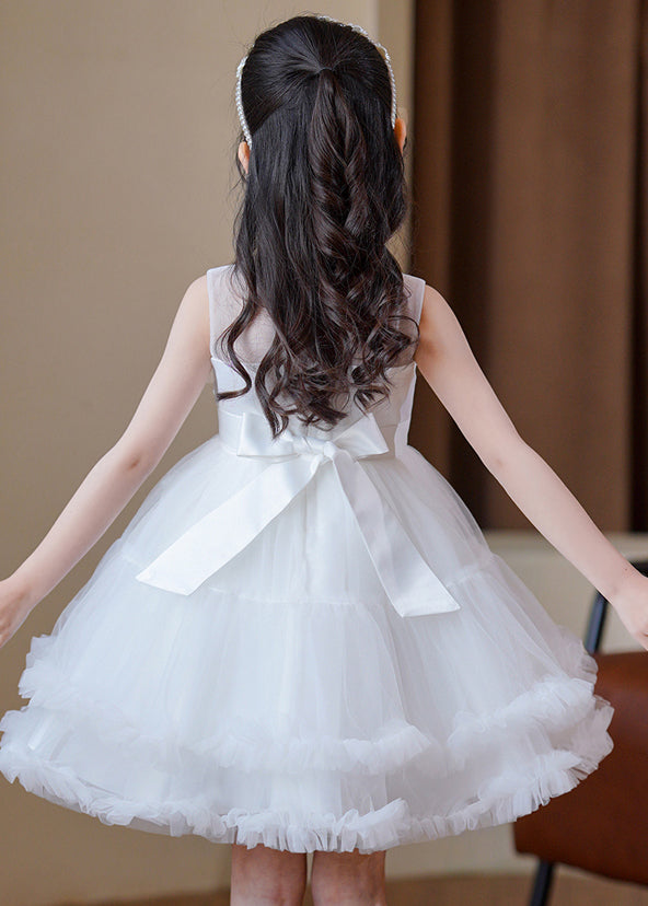 Chic White Butterfly Embroideried Tulle Girls Mid Dress Summer