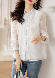 Chic White Button Lace Patchwork Shirts Long Sleeve