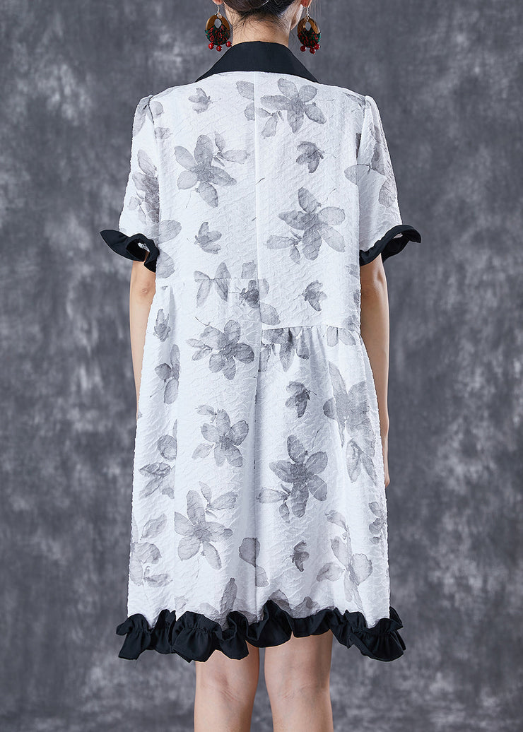 Chic White Chinese Button Ruffled Patchwork Jacquard Dress Summer