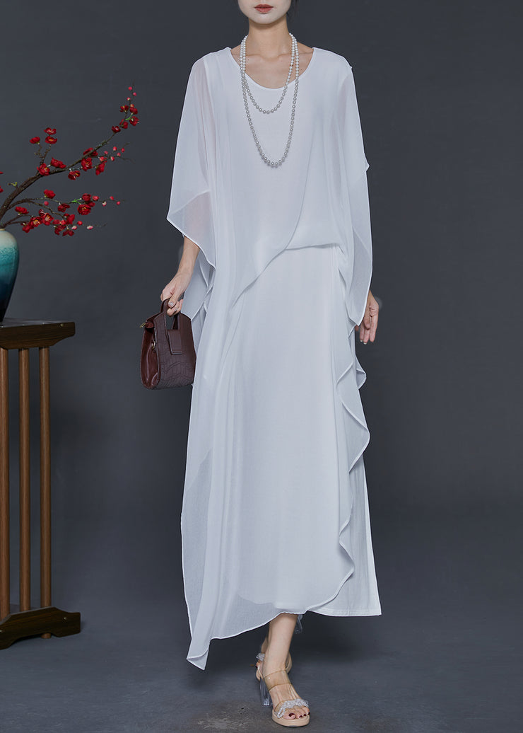 Chic White Cold Shoulder Asymmetrical Design Chiffon Vacation Dresses Summer