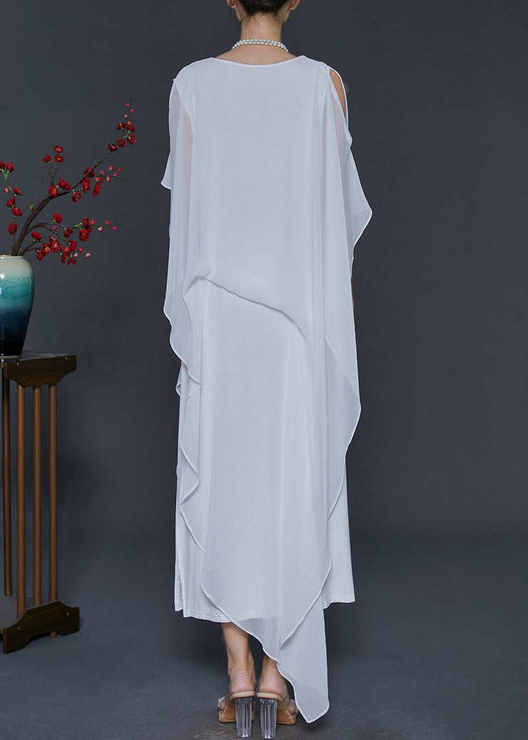 Chic White Cold Shoulder Asymmetrical Design Chiffon Vacation Dresses Summer