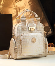 Chic White Embossed Pockets Calf Leather Tote Backpack Bag